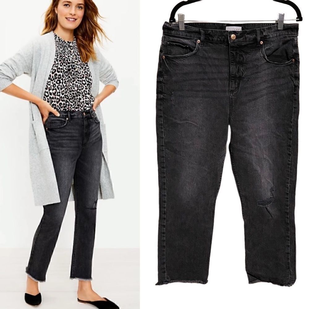 LOFT- THE STRAIGHT CROP Black Wash Semi Distressed Raw Hem Jeans, Size 12/ 31